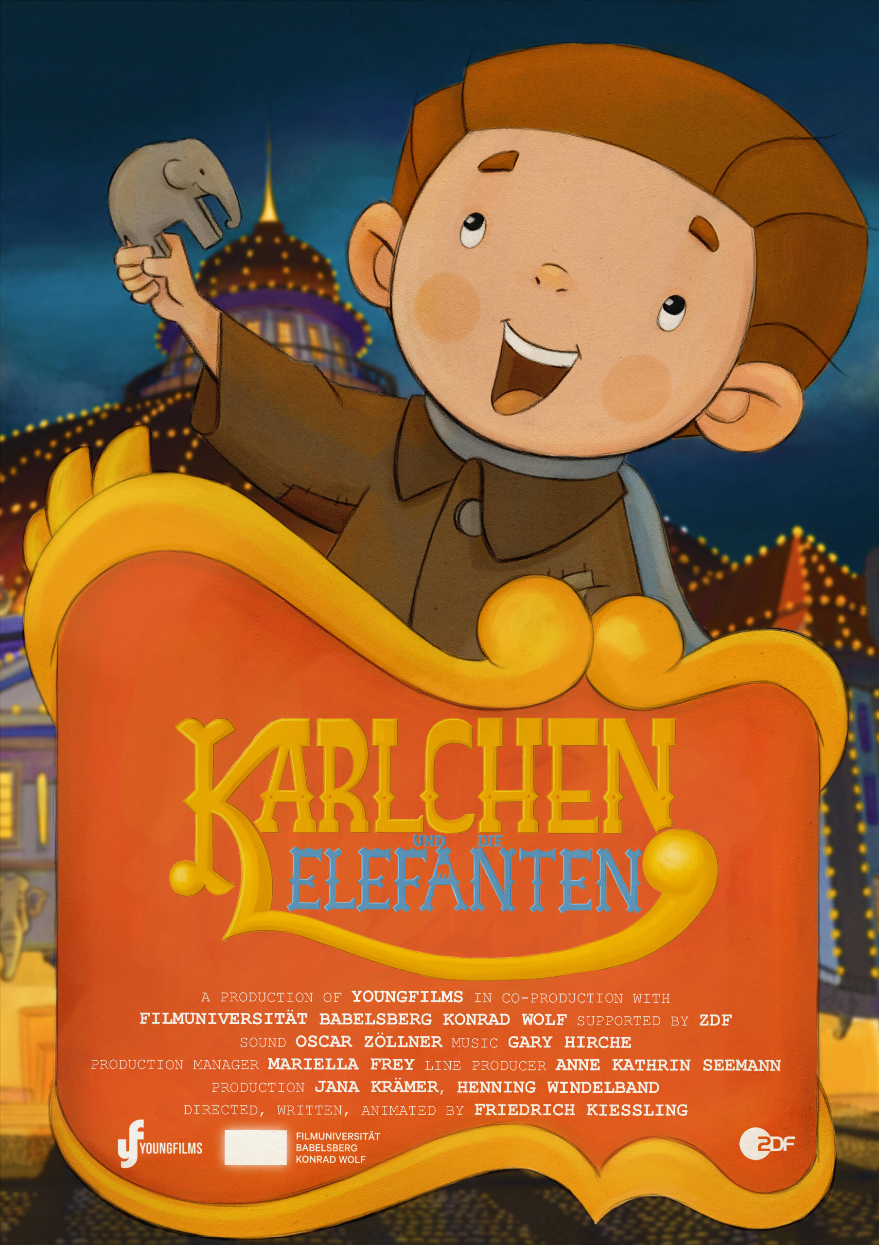 Filmplakat des Kurzfilms "Karlchen und die Elefanten" – Darstellung des neunjährigen Karlchen, der im Dresden des Jahres 1915 gern die Elefanten im Zirkus sehen möchte.